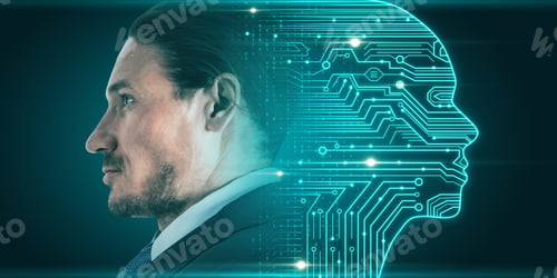 Preview: Side Portrait Of Attractive Young European Businessman With Digital Head Outline, Circuit And