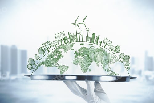 Preview: Hand Holding Tray With Creative Eco Globe Sketch On Blurry City Background. Eco-Friendly And