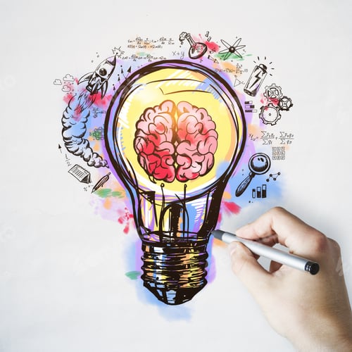 Preview: Idea And Startup Cocnept With Hand Writing Colorful Sketch With Human Brain, Rocket, Battery And