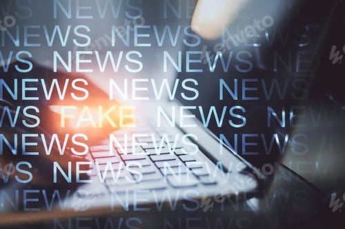 Preview: Hands Using Laptop With Creative News Header Hologram On Blurry Background. Information And