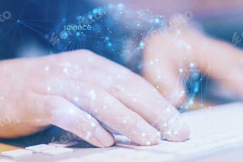 Preview: Close Up Of Hands Using Keyboard On Office Desktop With Creative Digital Linear Sphere On Blurry