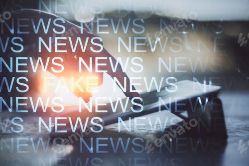Preview: Close Up Of Hands Using Tablet With Creative News Header Hologram. Information And Breaking