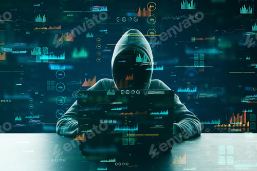 Preview: Hacker At White Desktop Using Laptop With Glowing Digital Business Interface On Blurry Background