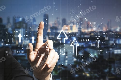 Preview: Close Up Of Man Hand Pointing At Abstract Business Interface With Upward Arrow On Blurry Night City