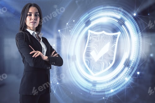 Preview: Cyber Personal Data Security Concept With Businesswoman Crossing Hands And Digital Shield With