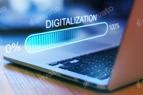 Preview: Digital World Concept With Hologram Digitalization Word And Loading Bar Element Icon On Laptop