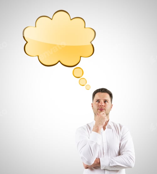 Preview: Man Thinking With Gray Speech Bubble Over Head