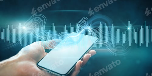 Preview: Close Up Of Female Hand Holding Tablet With Digital Sound Wave On Blurry Background. Technology
