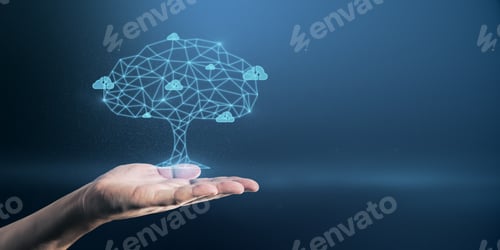 Preview: Close Up Of Businessman Hand Holding Abstract Digital Polygonal Cloud Tree On Blue Background With