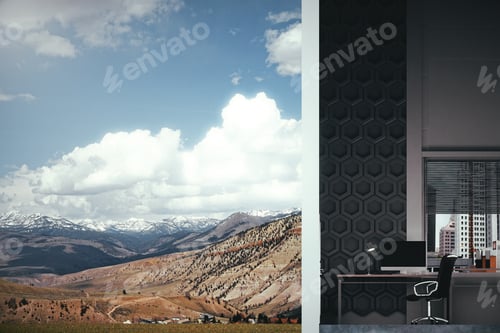 Preview: Office Interior And Mountain Landscape View. Sideview. Concept Of Choice Between Career Development
