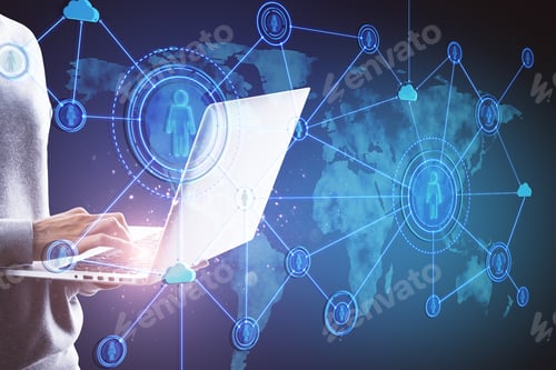 Preview: Close Up Of Hands Using Notebook With Abstract Social Network Hologram On Blue Background