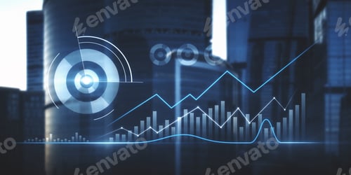 Preview: Abstract Glowing Business Chart On Blurry City Background. Finance And Innovation Concept. Double