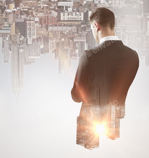 Preview: Back View Of Thoughtful Businessman On City Background. Double Exposure