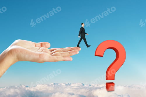 Preview: Businessmen Walking Towards Question Mark On Blue Sky Background. Confusion And Ask Concept