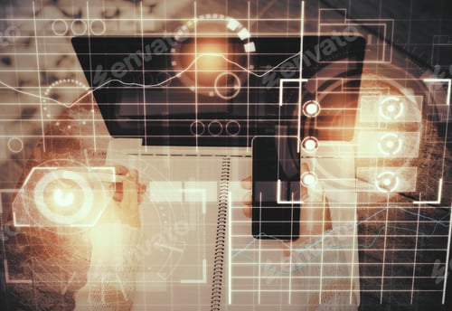 Preview: Hands Using Smartphone And Laptop With Glowing Business Hologram. Technology And Communication