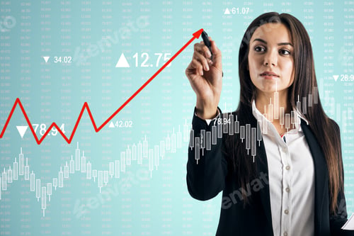 Preview: Businesswoman Hand Drawing Creative Upward Red Chart Arrow On Blue Business Chart Background