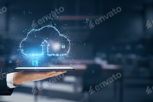 Preview: Global Cloud Service Concept With Digital Cloud Sign With Arrow Up Above Businessman Hand With