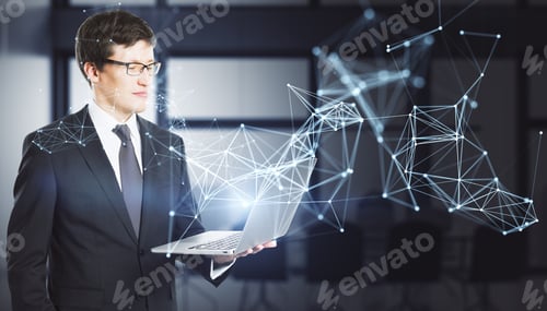 Preview: Attractive Young European Businessman Using Laptop With Abstract Polygonal Network Mesh Hologram On