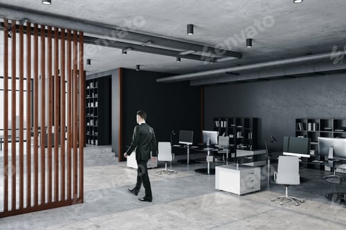 Preview: Businessman Walking In Office Interior Hall With Shelf With Book. Occupation And Worker Concept.