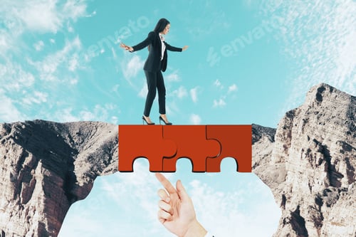 Preview: Young Businesswoman Crossing Abstract Jigsaw Bridge On Sky Background. Teamwork And Challenge