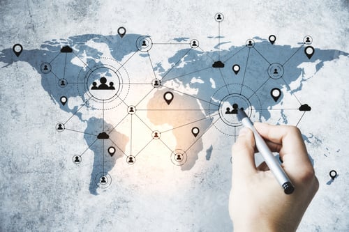 Preview: Hand Drawing Remote Work Interface On Blue World Map. Remote Access Chain Communication Concept.
