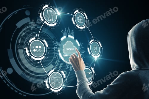 Preview: Hacker Hand Using Creative Glowing Cloud Computing Interface On Dark Background. Hacking And