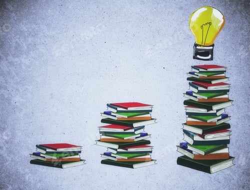 Preview: Creative Colorful Book Stack Ladder With Light Bulb On Concrete Background. Knowledge And Idea