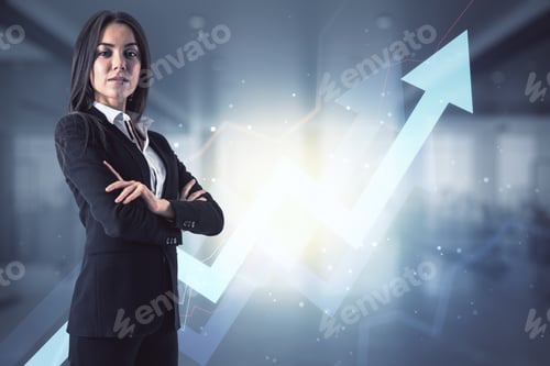 Preview: Successful Business Woman Stands In A Business Suit Against The Background Of A Growing Upward