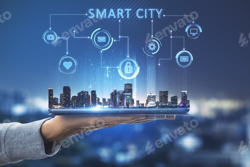 Preview: Close Up Of Hand Holding Tablet With Creative Glowing Smart City Hologram With Interface And