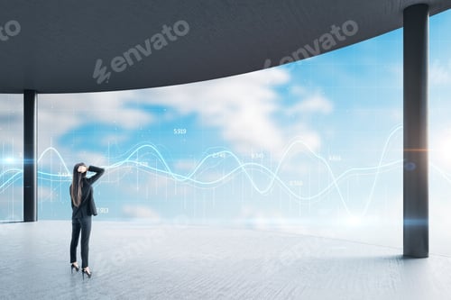 Preview: Businesswoman Standing In Office With Glowing Chart Hologram In Window. Trade And Stats Concept