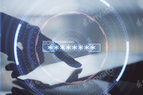 Preview: Close Up Of Hand Using Tablet On Blurry Desktop Background With Abstract Digital Round Interface