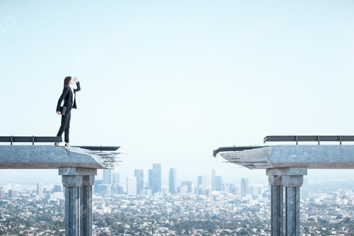Preview: Businesswoman Standing On Bridge With Gap On Megapolis City View Background. Business And Challenge