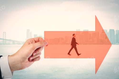 Preview: Hand Holding Red Arrow With Walking Businessman On City Background. Growth And Forward Concept