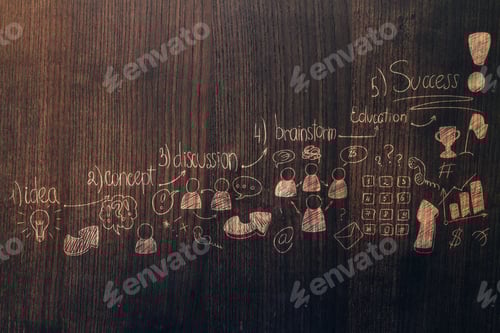 Preview: Wooden Wall With Creative Business Sketch. Leadership And Innovation Concept