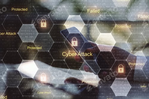 Preview: Computer Privacy Attack With Man Hand With Smartphone And Digital Screen With Lock Icons.Double