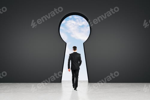 Preview: Back View Of Young Businessman In Abstract Black Interior With Keyhole Window And Sky View. Access