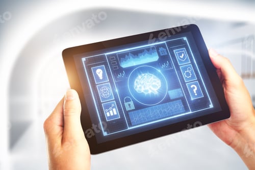 Preview: Hands Using Tablet With Digital Business Interface On Blurry Office Interior Background. Technology