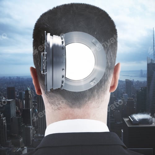 Preview: Abstract Back Portrait Of Vault Headed Businessman On City Background. Protection Concept