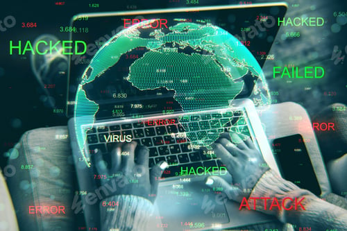 Preview: Close Up Of Hands Using Hacked Device On Blurry Background With Globe. Malware And Computing
