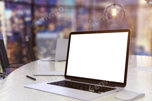 Preview: Blank Laptop In A Conference Room At Evening, Mock Up