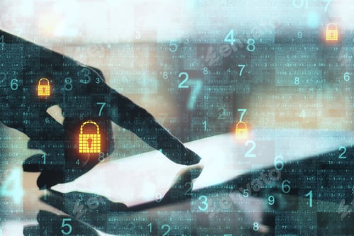 Preview: Close Up Of Hand Using Tablet With Binary Code And Padlock Interface On Blurry Background. Safety