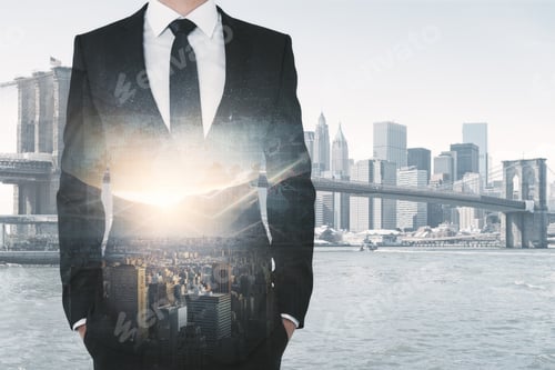 Preview: Front View Of Young Businessman On City Background With Copy Space And Forex Chart. Sales Concept