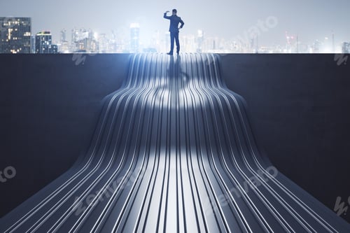 Preview: Back View Of Thoughtful Young Business Man Standing On Abstract Wave Staircase On City Background