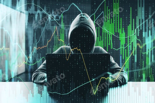 Preview: Hacker At Desktop Using Laptop With Forex Chart On Blurry Office Background. Malware And Invest