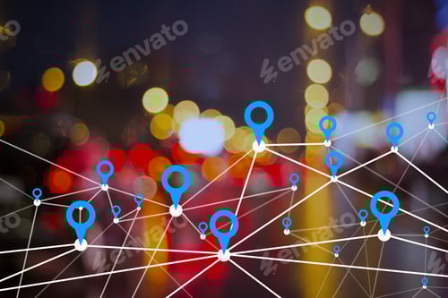 Preview: Creative Bokeh Lights Night City And Sky Background With Digital Map Pointer Connections. Smart
