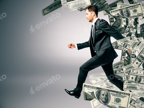 Preview: Running Businessman With Dollar Banknote Wave Ob Grey Background. Success And Wealth Concept