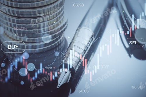 Preview: Abstract Image Of Coin Stack, Pen And Candlestick Forex Chart On Blurry Desktop Texture. Trade