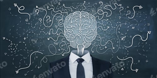 Preview: Abstract Businessman With Brain Head On Chalkboard Wall Background With Arrows And Thought Icons