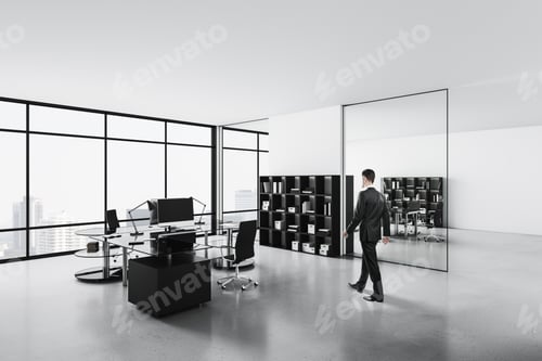 Preview: Businessman Walking In Office With Computers, Meeting Table And Panoramic City View. Workplace And