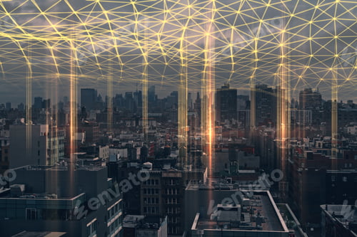 Preview: Creative City Texture With Glowing Polygonal Connections. Urban Technology, Smart City And Future
